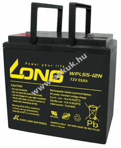 Ólom akku Long (Kung Long) típus WPL55-12N 10-12 év élettartam 12V 55Ah csatlakozó: M6