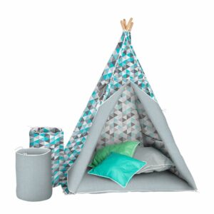 Gyermek luxus sátor felszereléssel Teepee Akuku türkiz-szürke
